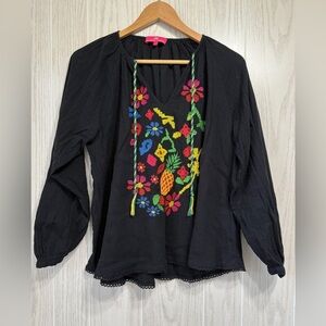 Elaine TurnerTop Womens Pullover Long Sleeve Embroidered Floral Black Top Size L